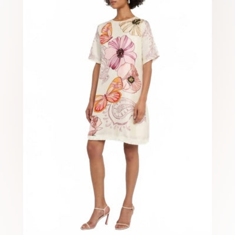 Johnny Was Daisee Fringe Mini Dress with Pink Floral & Butterfly Print Sz Small